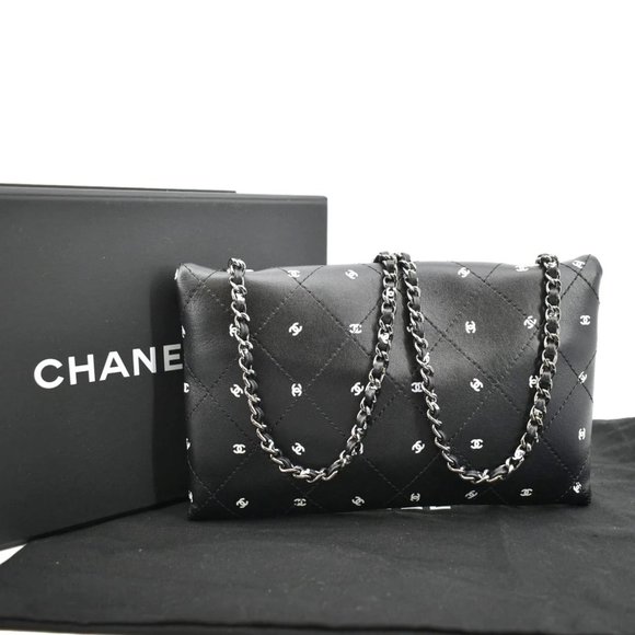 CHANEL  CC Envelope Printed Lambskin Leather Chain Clutch Bag Black - Picture 4 of 13